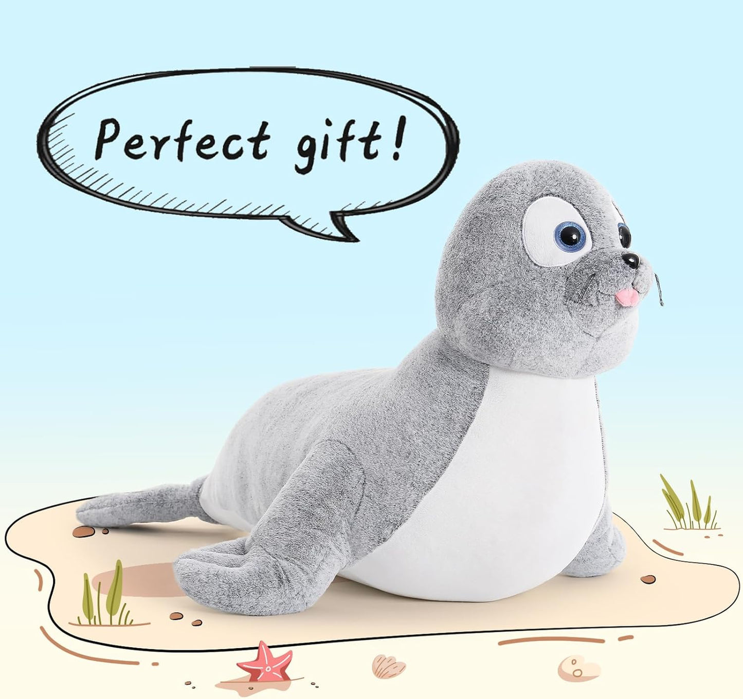 Lifelike Giant Seal Plush Pillows for Children - 4 FT Giant Grey Seal Stuffed Animals - 44 Inch Fuzzy Large Seal Stuffed Animal - Soft Stuffed Seal Toy Cuddly Bedroom Seal Plush - Funny Seal Gifts for Girls Boys - Christmas Birthday Gift for Friends