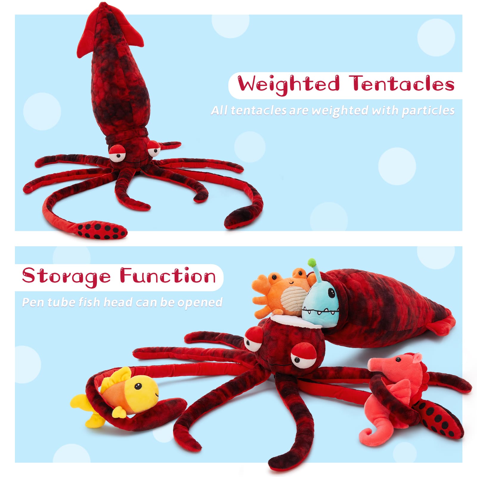 Squid Plush Toys Ocean Stuffed Animals, Blue/Red, 41.3 Inches