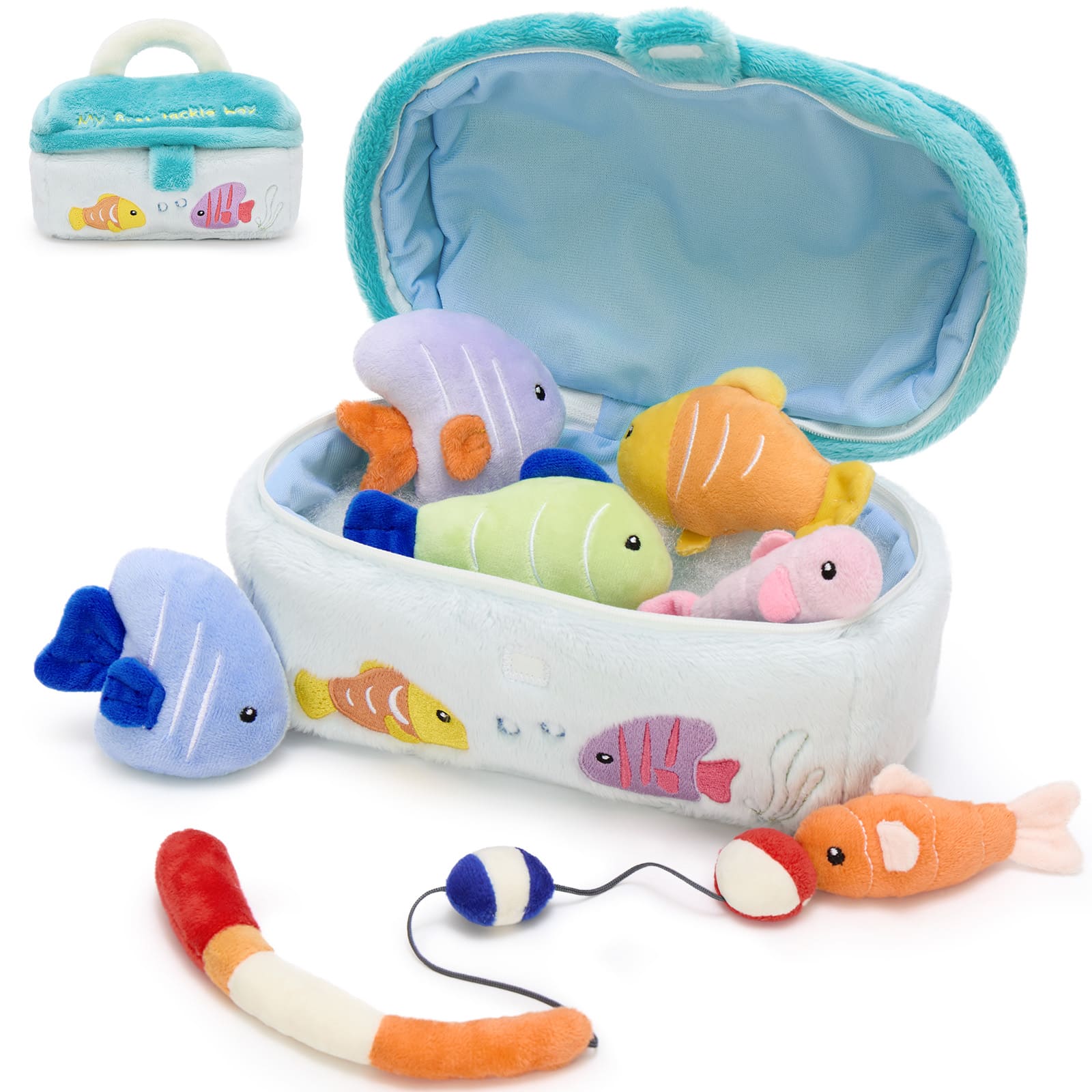dramatic play fishing pole Plush Fishing Toy Set with Soft Fish & Tackle Box – Kids Pretend Play Fishing Game