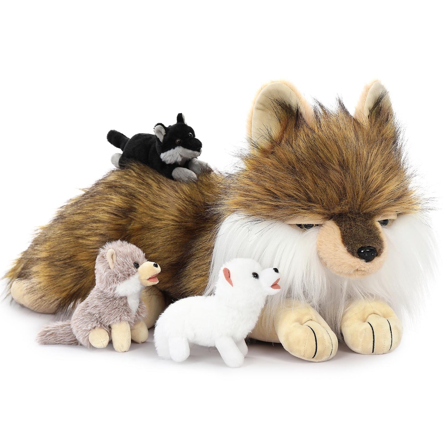 One Big Wolf Plush with Three Small Wolf Babies - Stuffed Animal Babies with Their Mom - Stuffed Animals with Babies in the Belly - Jungle Safari Plush Toys - Birthday Baby Shower Christmas Gift for Children