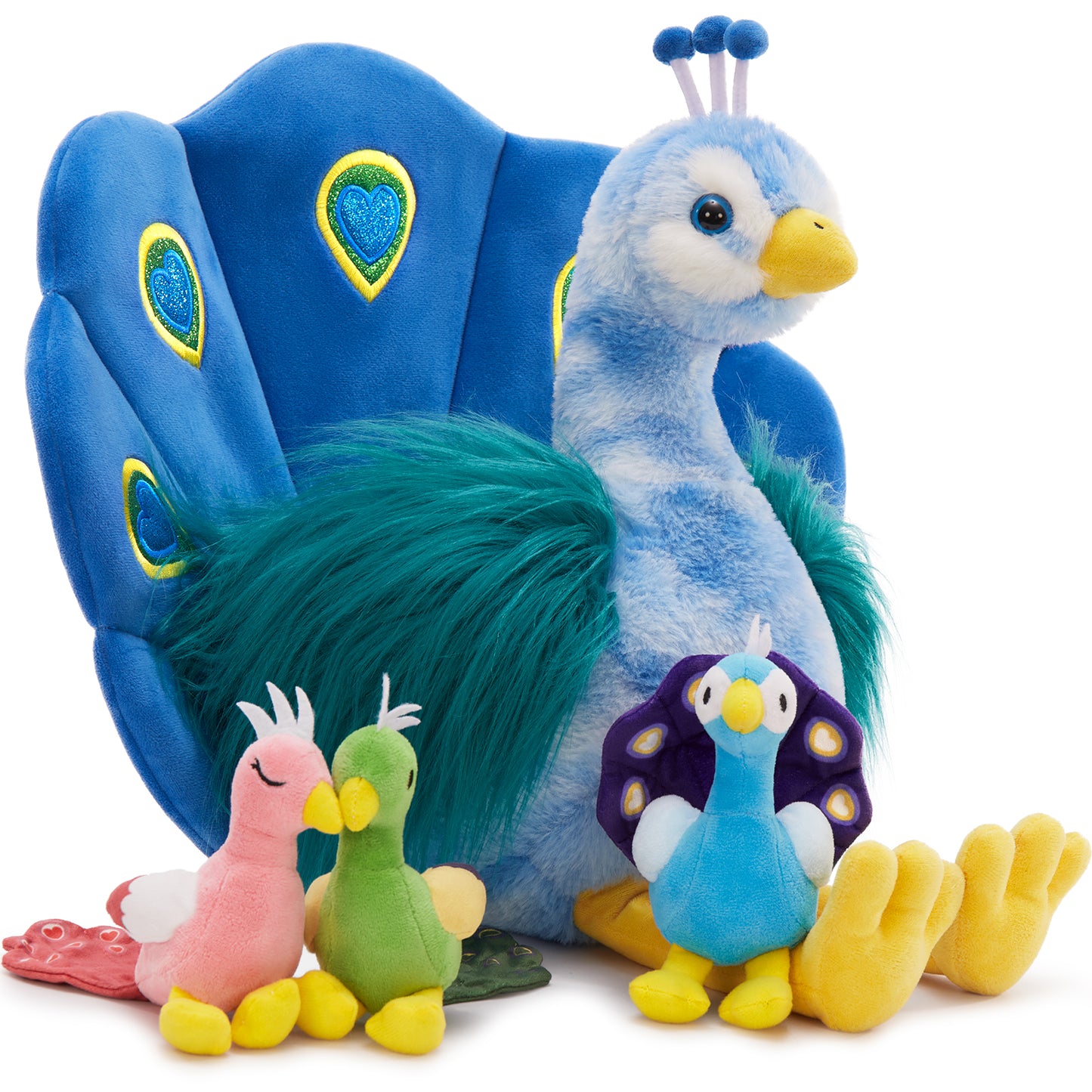 MorisMos 17.7'' Peacock Stuffed Animal with 3 Baby Bird Plush Toys