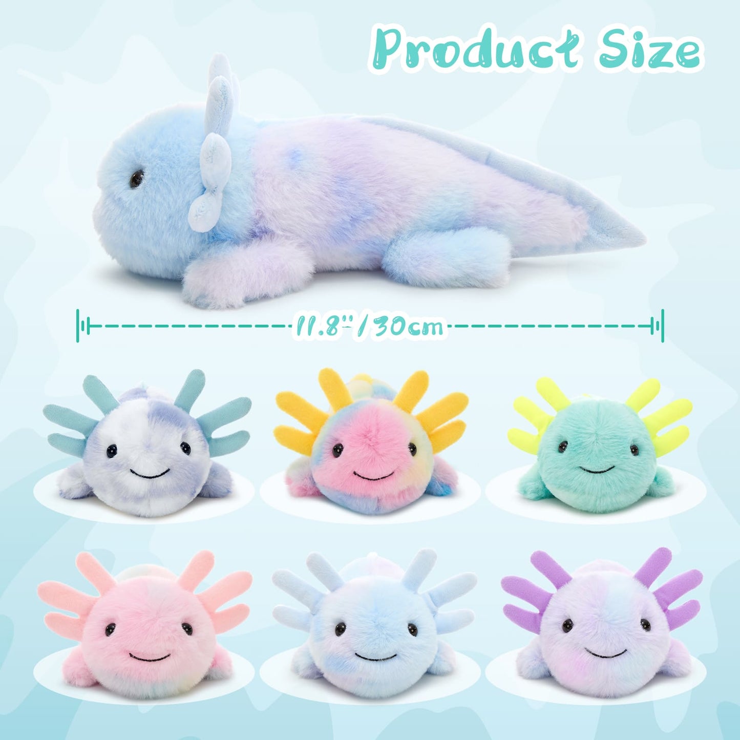 6 Pcs Assorted colorful 11.8-inch axolotl plush toys with glow-in-the-dark gills
