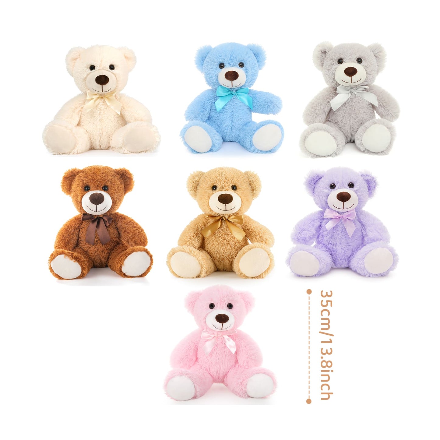 Jouets en peluche ours en peluche 7 pièces, sept couleurs, 13,8 pouces
