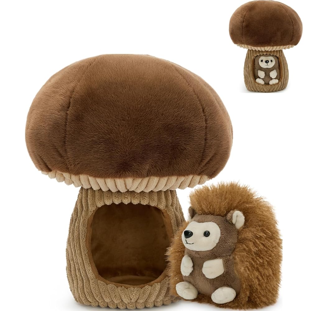 MorisMos 11.8in Mushroom House Hedgehog Plush, Removable Hedgehog Stuffed Animal