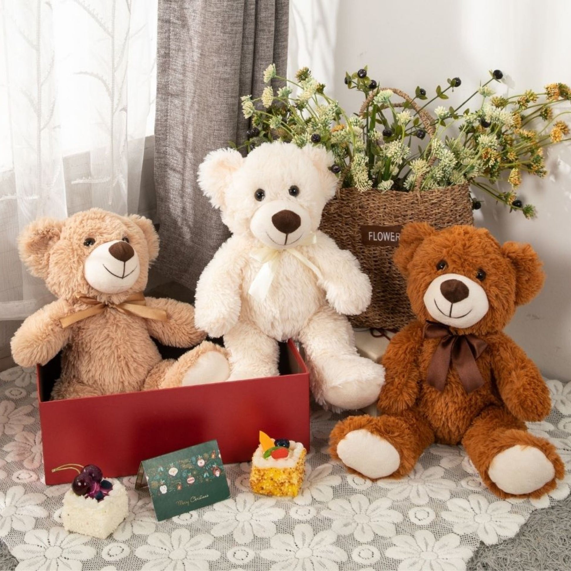 Paquet de 3 oursons en peluche, beige/marron clair/marron foncé, 13,8''