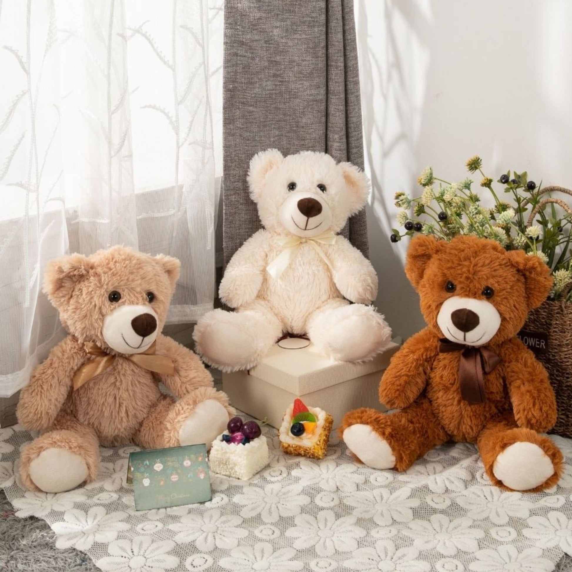 Paquet de 3 oursons en peluche, beige/marron clair/marron foncé, 13,8''