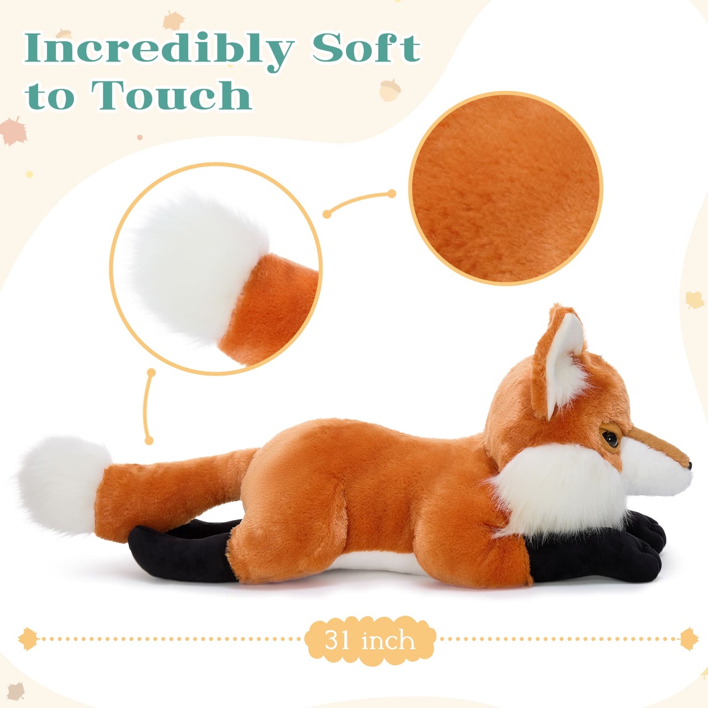 31 Inch Large Fox Plush Toy Soft Stuffed Animal Fox Pillow – Cute Realistic Fox Plush for Kids Gifts, Ultra Soft Cuddly Jumbo Fox Plush for Bedroom and Nursery Decor