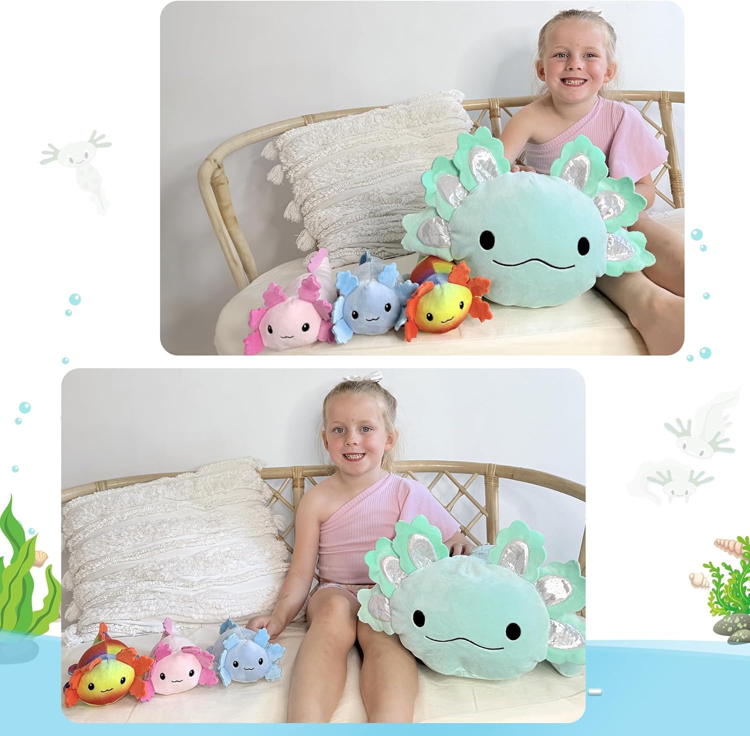 Peluche Axolotl avec 3 bébés, 23,5 pouces