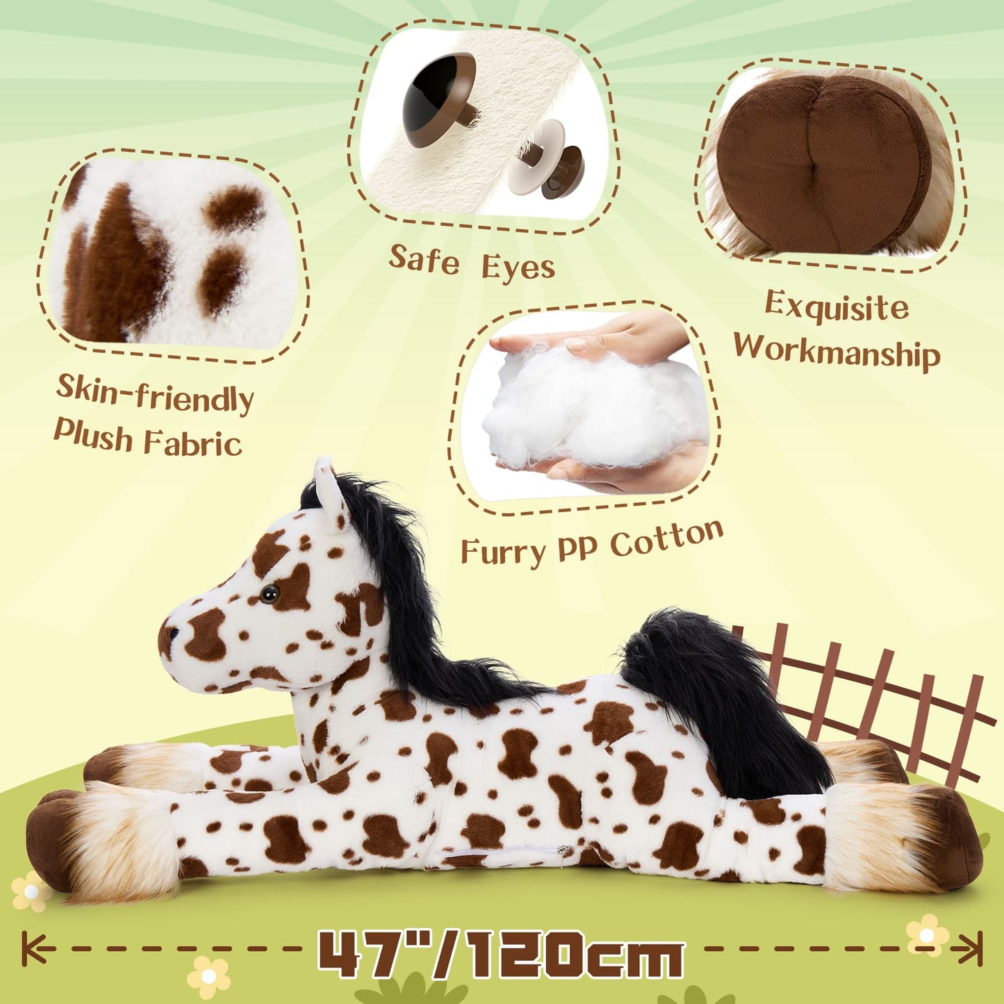 MorisMos 47" Giant Horse Stuffed Animal Plush Pillow - Appaloosa Spotted Stuffed Horse Toy for Girl Boy Kid, Rideable Cuddly Stuffed Pony Plush Gift for Birthday Christmas Baby Shower Decor