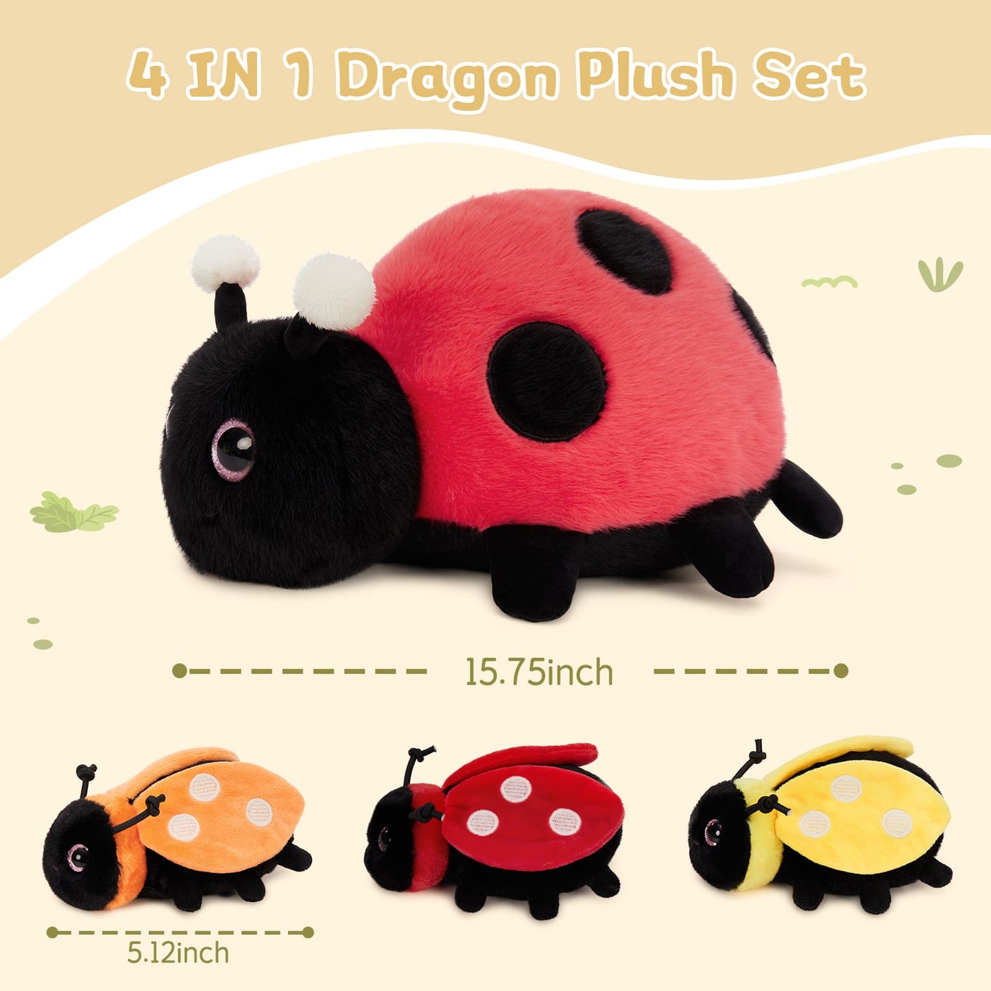 4 Pcs Ladybug Stuffed Animal - Kawaii Mother Ladybird Plush Toys Pillow with 3 Small Baby Lady Beetle Plushie - Gift for Insect Lover - Decorations, Party Favor, Baby Shower - Glow-in-Dark Design