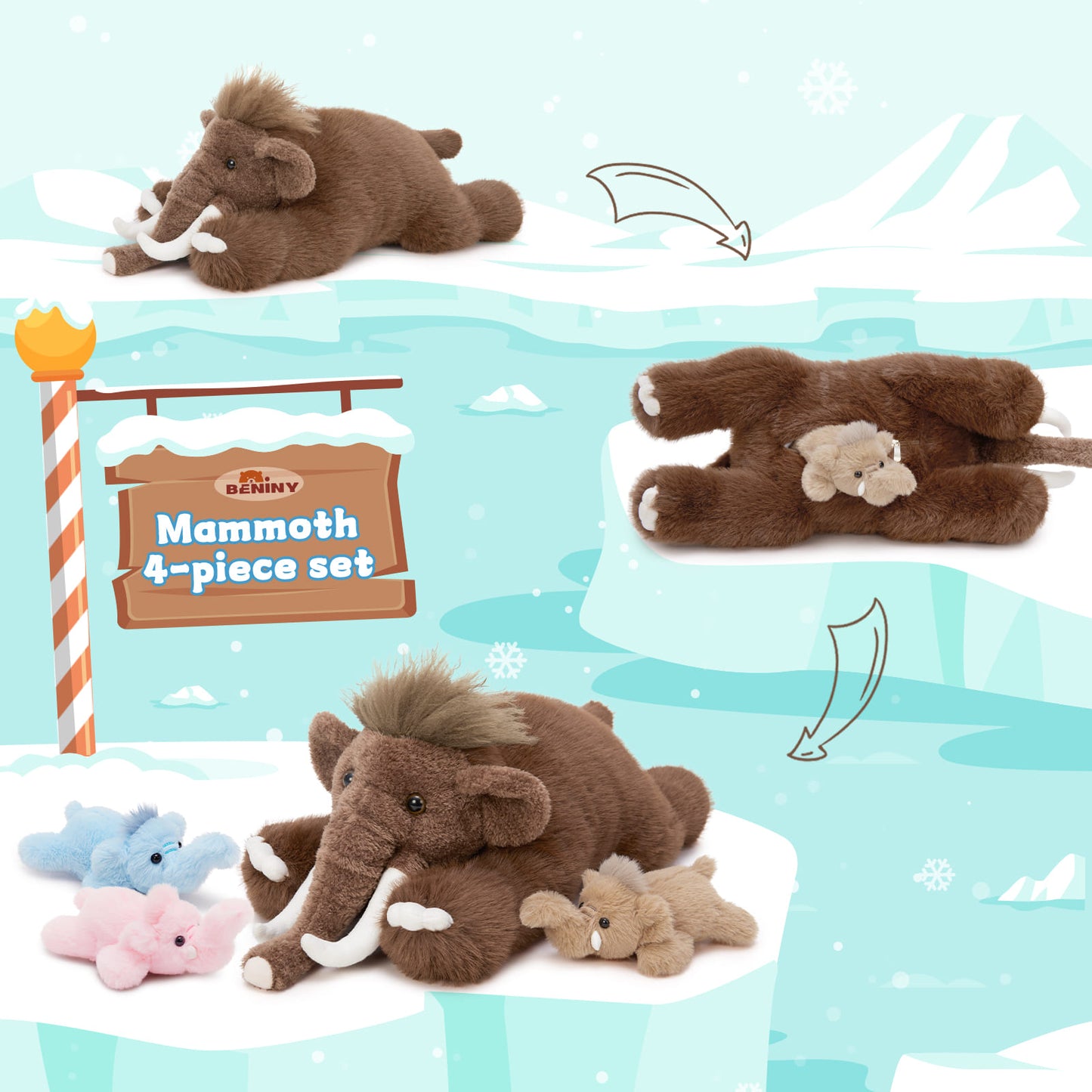 MorisMos 4 Pcs Woolly Mammoth Plush Toy, Cute 22" Mommy Elephant Stuffed Animal with 3 Babies for Boys Girls Kids, Cuddly Christmas Birthday Gift for Ice Age Lover