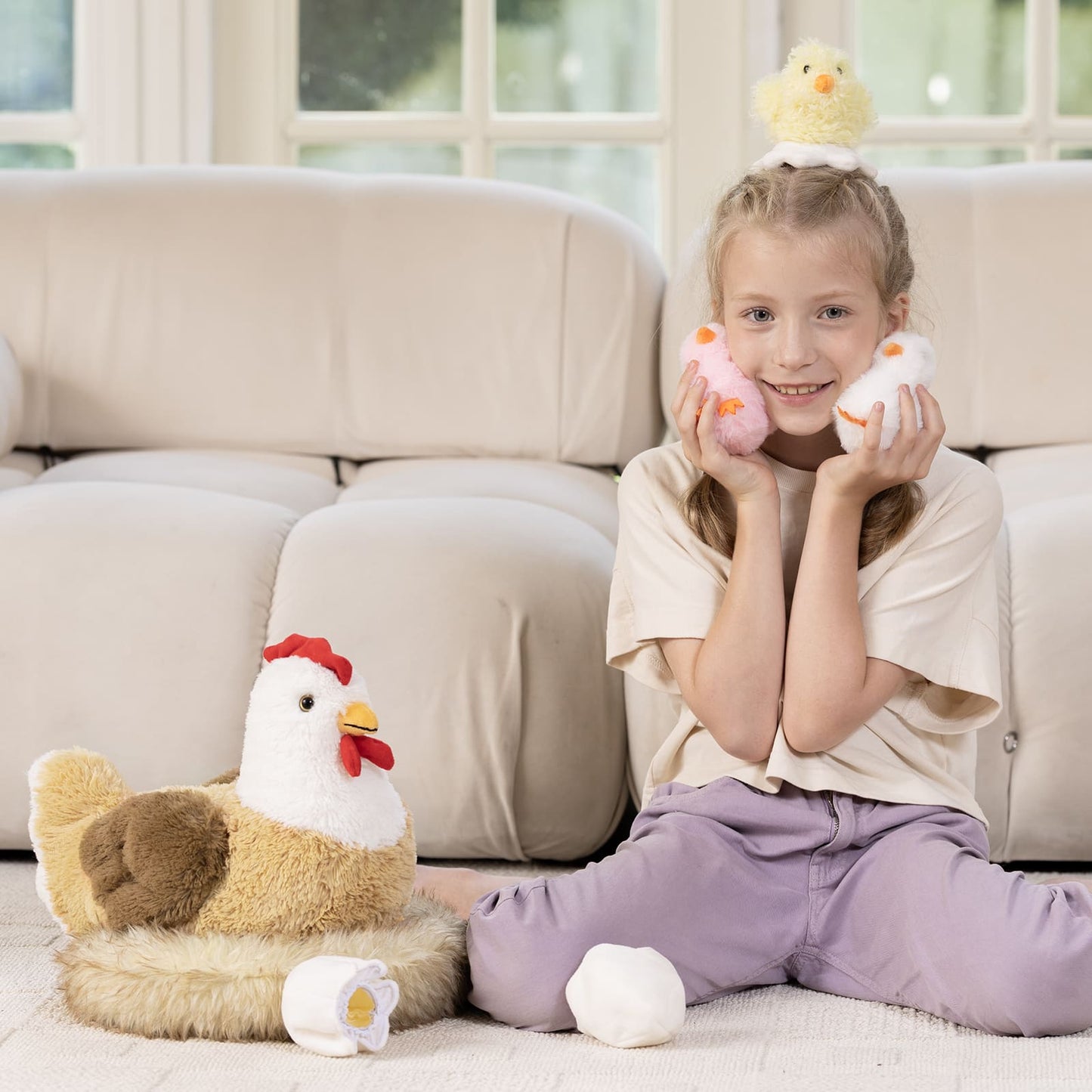 7 Pcs Chicken Stuffed Animals, Stuffed Hen Plush with Baby Chicks & Eggs, Nest Hen Coop Plush Toy Set for Kids, Soft Stuffed Farm Animal Plushie for Birthday Christmas Easter Gift, 14"
