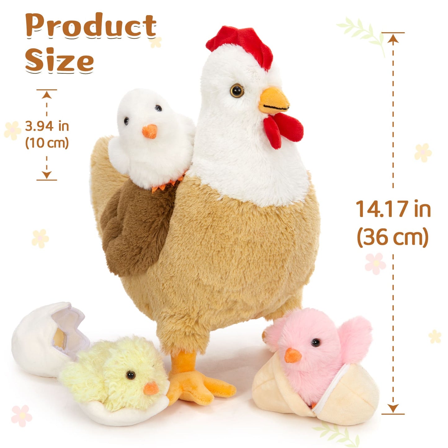 7 Pcs Chicken Stuffed Animals, Stuffed Hen Plush with Baby Chicks & Eggs, Nest Hen Coop Plush Toy Set for Kids, Soft Stuffed Farm Animal Plushie for Birthday Christmas Easter Gift, 14"