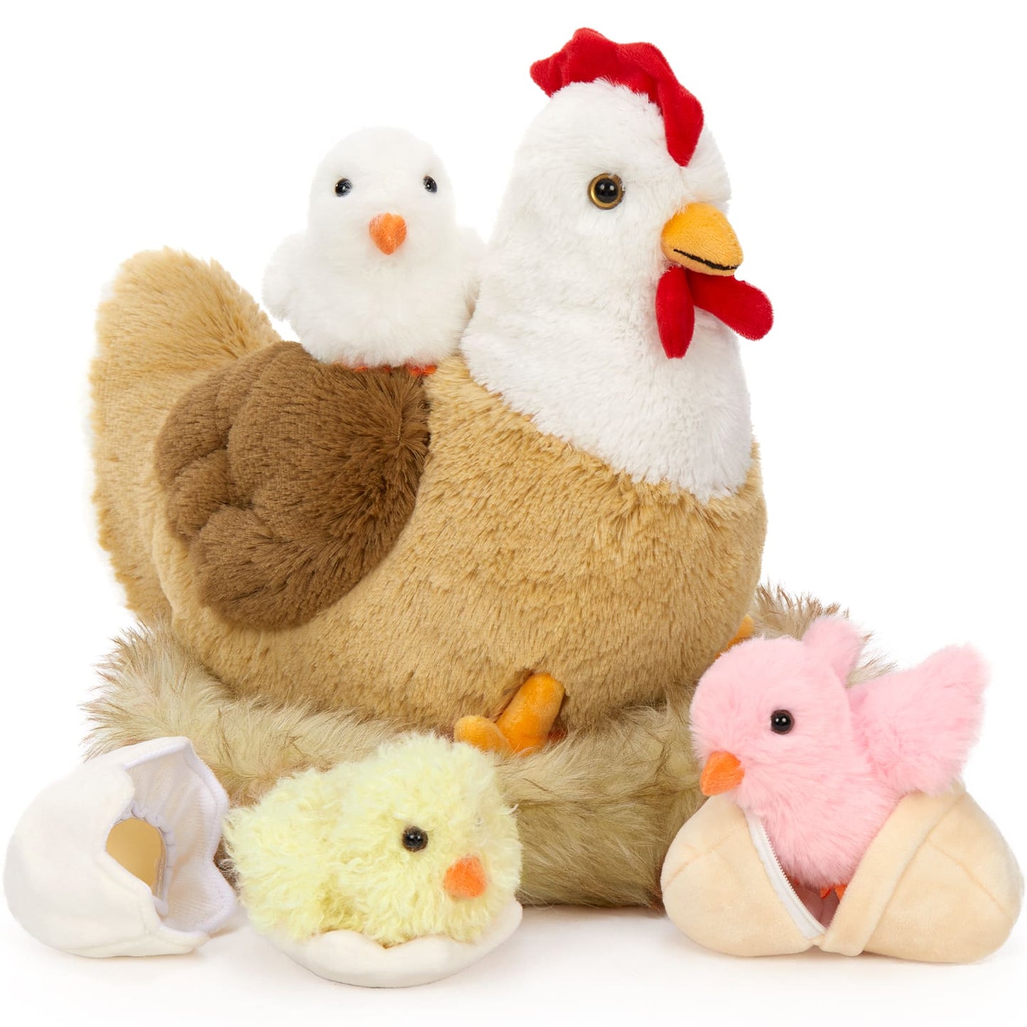 7 Pcs Chicken Stuffed Animals, Stuffed Hen Plush with Baby Chicks & Eggs, Nest Hen Coop Plush Toy Set for Kids, Soft Stuffed Farm Animal Plushie for Birthday Christmas Easter Gift, 14"
