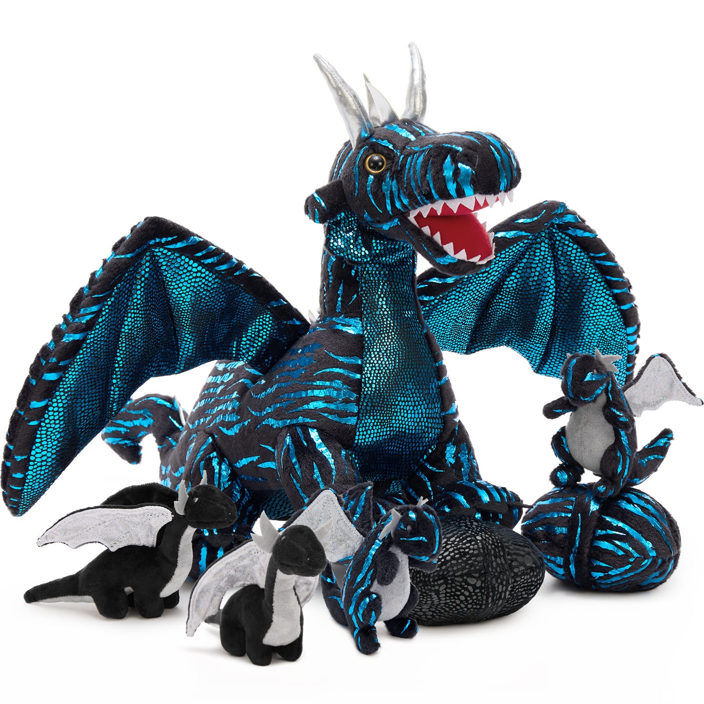 Black and blue dragon plush toy with baby dragons set