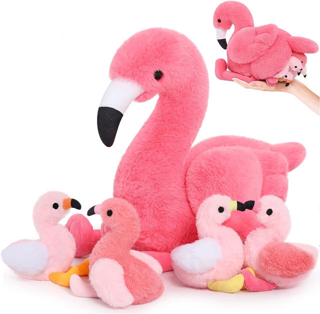 Flamant en peluche 18 '', animal en peluche maman flamant rose avec 4 bébés