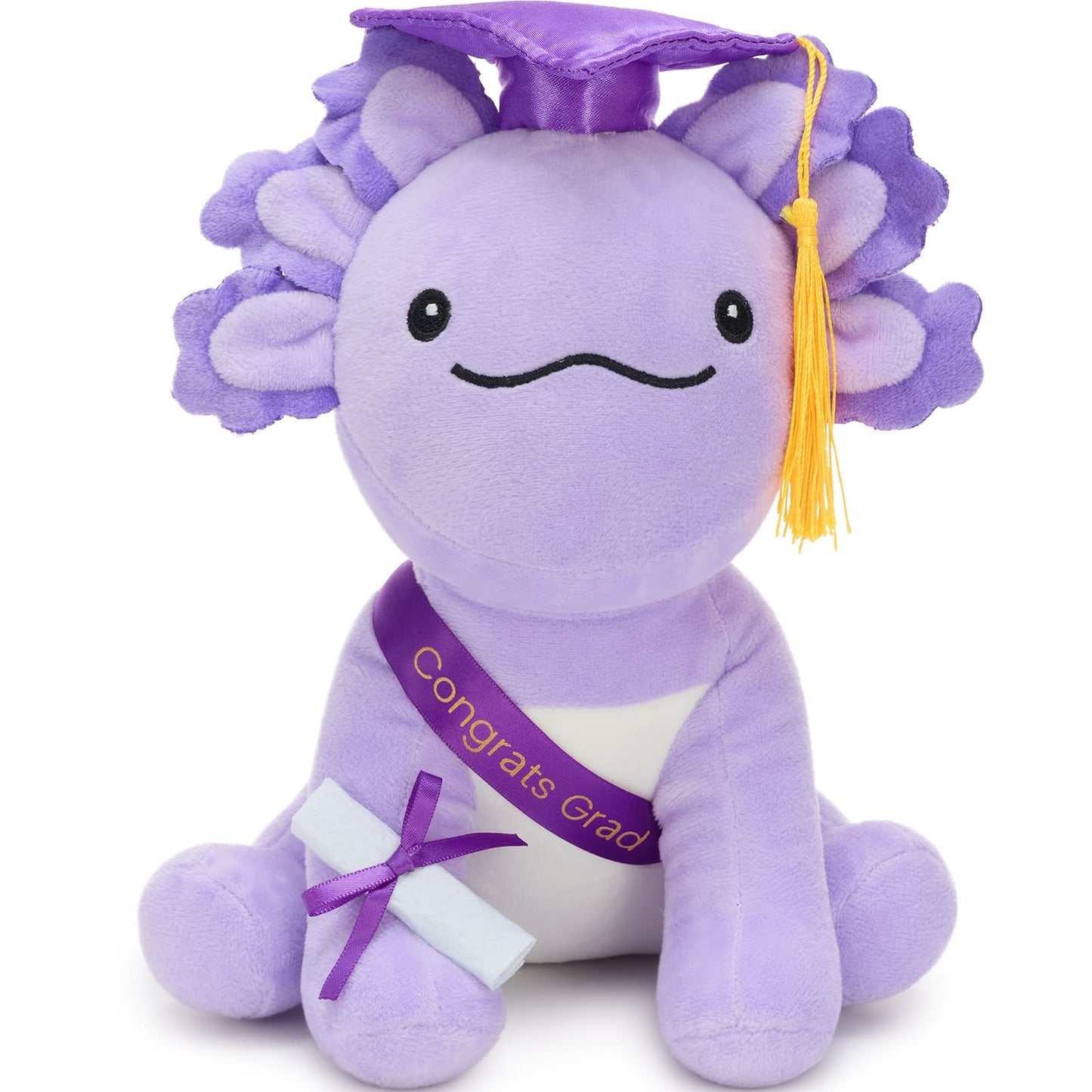 8 inch soft purple axolotl plush toy wearing graduation cap and sash, designed as a charming and funny graduation gift, perfect for celebrating academic success.