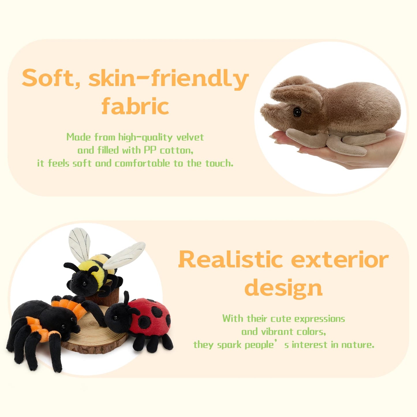 Cute bug-themed plush toy collection including a variety of soft stuffed insects such as bee, butterfly, ladybug, moth, beetle, and spider, crafted with huggable textures and cute detailing, suitable for gifts, nursery decoration, stress relief, and imaginative play for both kids and plush toy lovers.