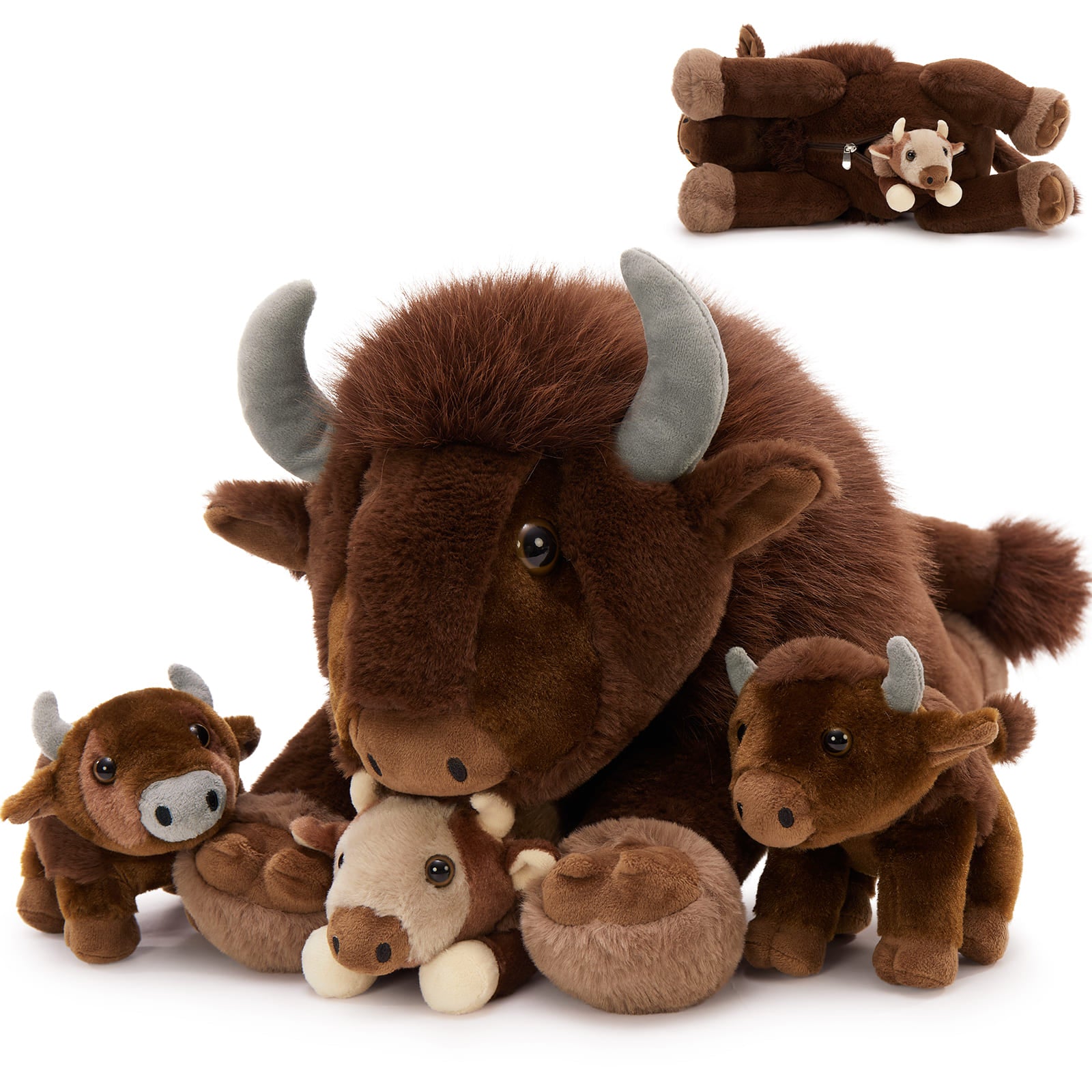 Bison Stuffed Animals with 3 Babies Inside, Dark Brown, 18 Inches