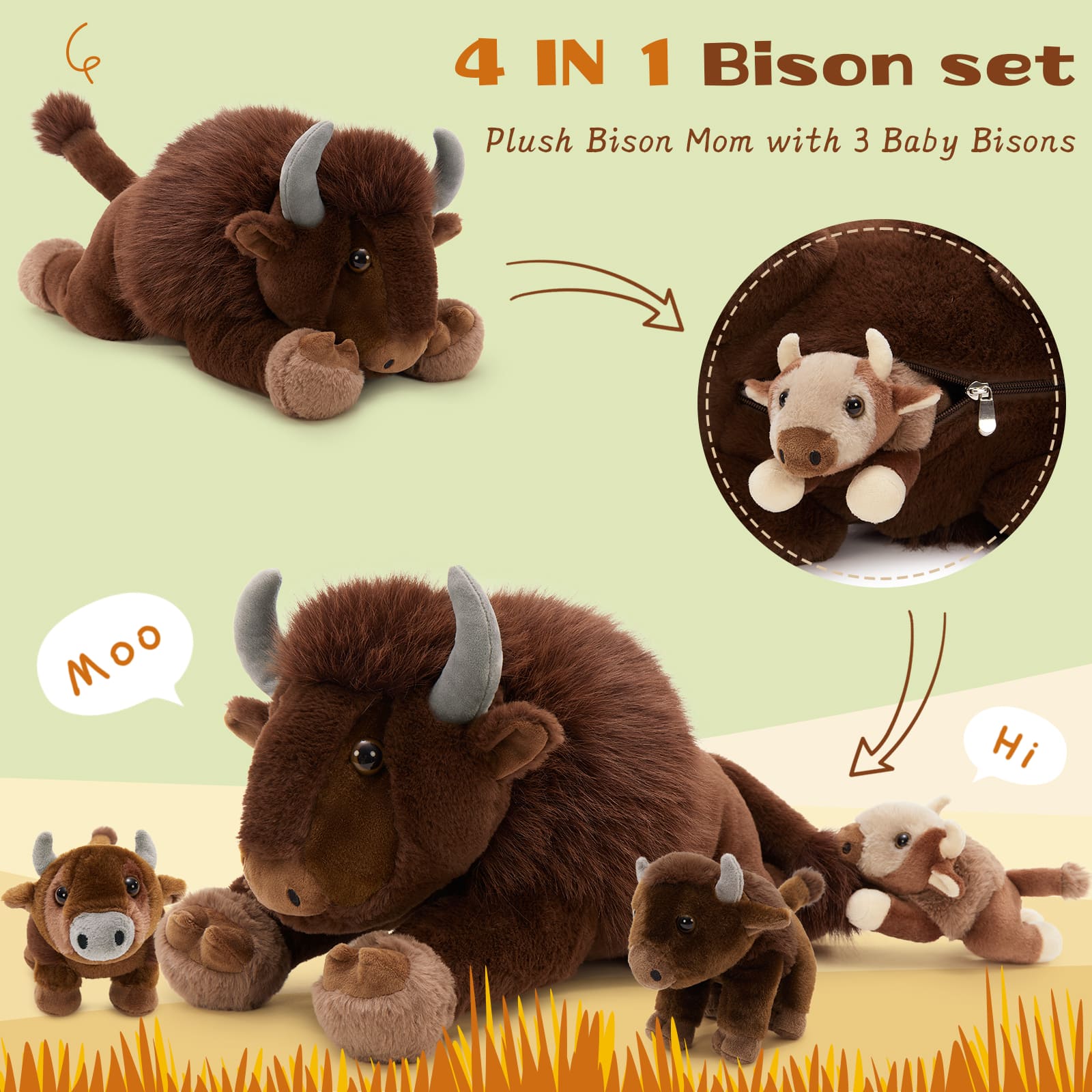 Bison Stuffed Animals with 3 Babies Inside, Dark Brown, 18 Inches