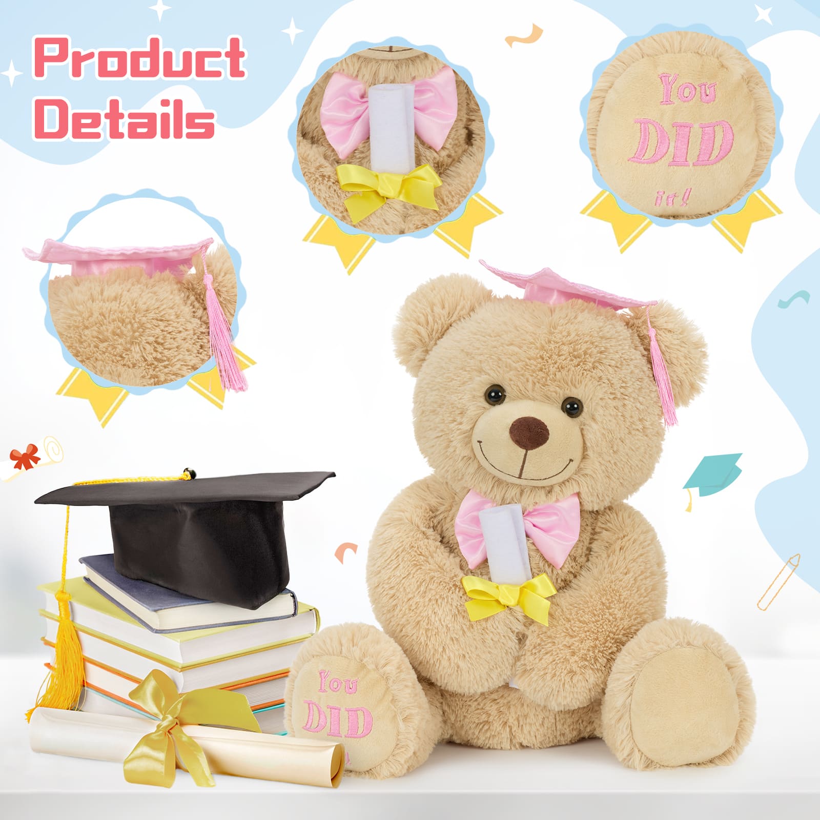 Graduation Teddy Bear Plush with Cap & Diploma – Cute Congrats Gift Soft Stuffed Animal