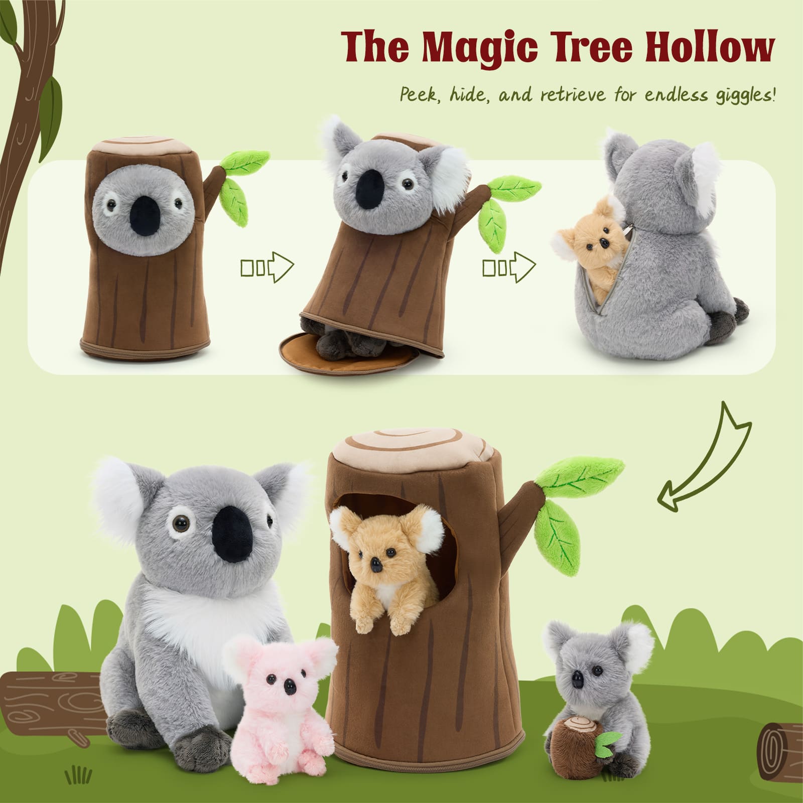 Stuffed Koala with Tree Stump Plush Toy Set, 11.8 Inches