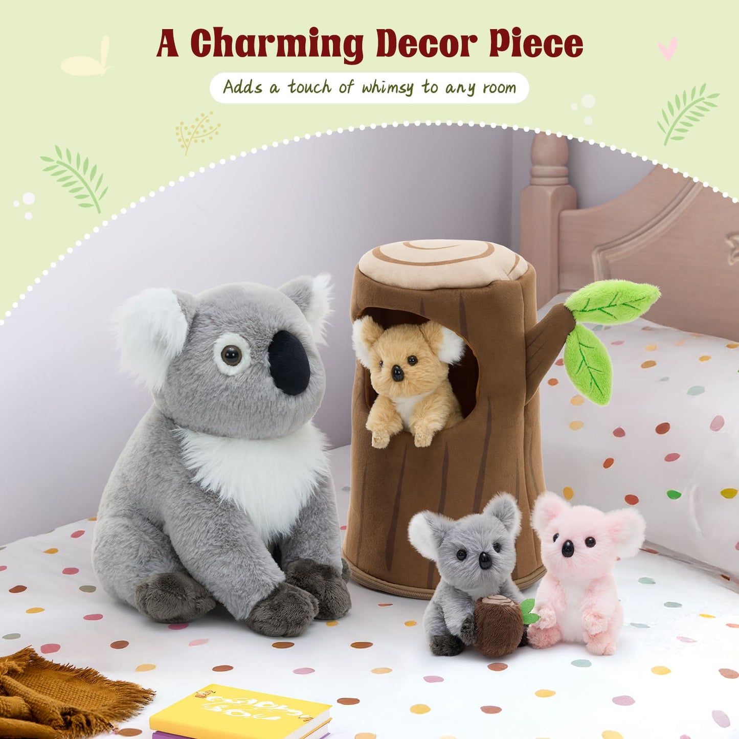 Stuffed Koala with Tree Stump Plush Toy Set, 11.8 Inches