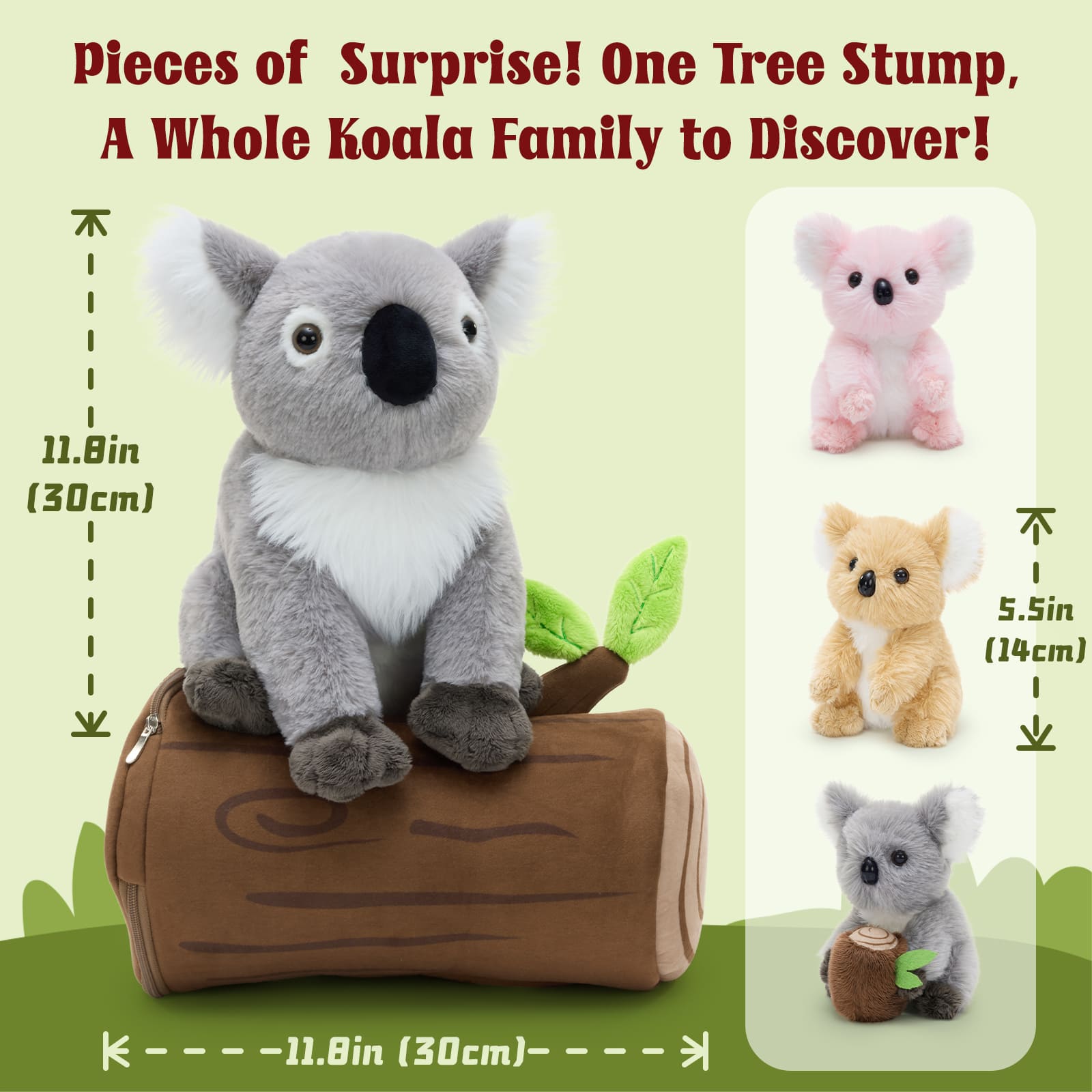 Stuffed Koala with Tree Stump Plush Toy Set, 11.8 Inches