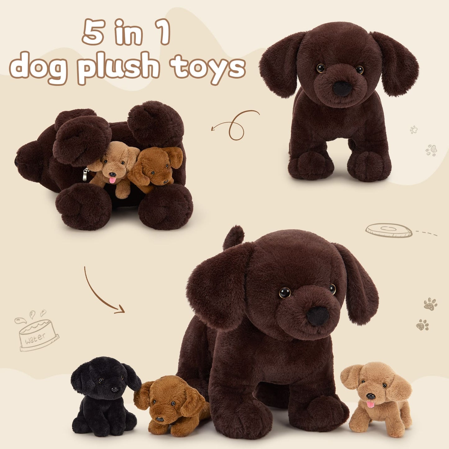 MorisMos 4 Pcs Lab Plush Toy, 15.7" Chocolate Mom Labrador Stuffed Animal with 3 Cute Stuffed Baby Dogs in Mother's Belly, Soft Lab Puppy Plushies for Kids Dog Lovers, Christmas Birthday Gift
