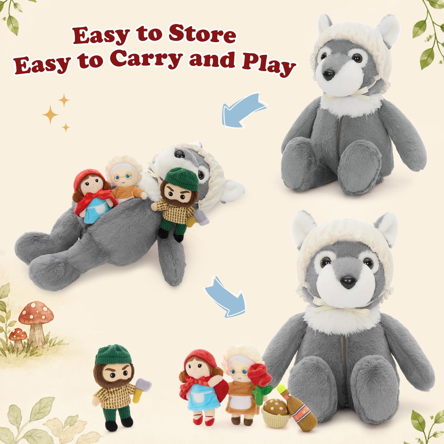 Storybook Character Plush Toy Set – Little Girl, Grandma & Wolf Stuffed Dolls