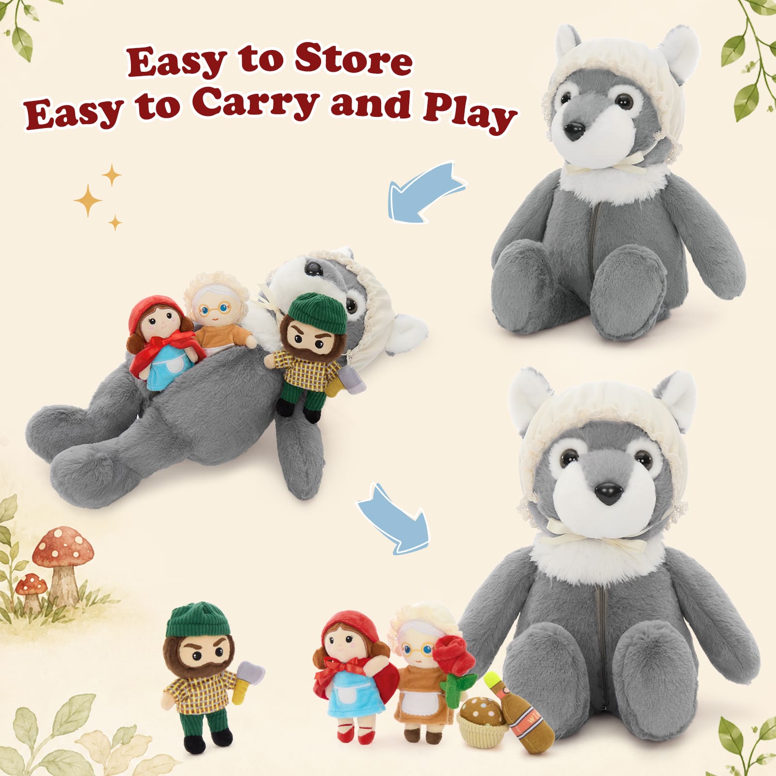 Storybook Character Plush Toy Set – Little Girl, Grandma & Wolf Stuffed Dolls