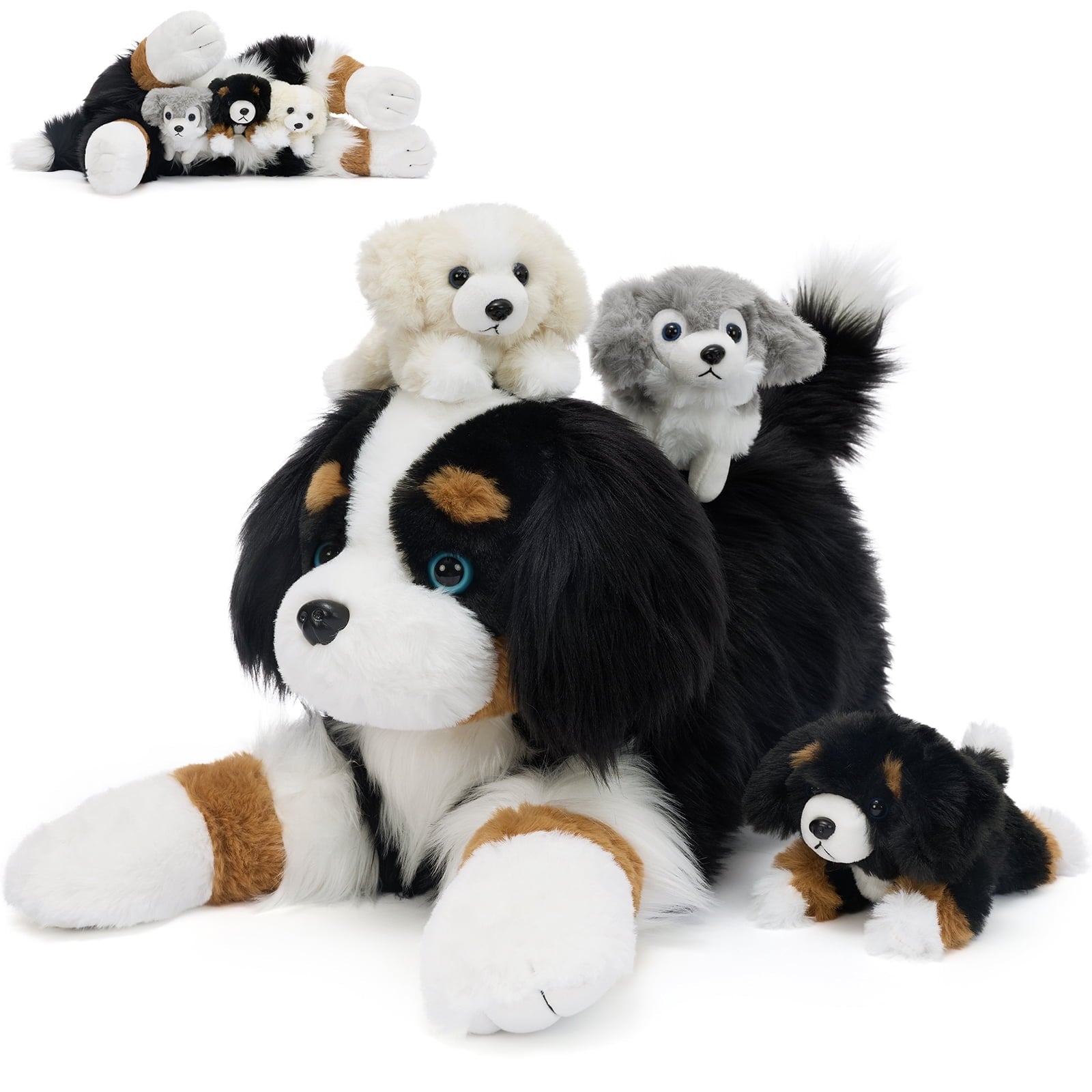 MaoGoLan 4Pcs Bernese Mountain Dog Stuffed Animal 23'' Giant Mommy Bernese Mountain Dog with 3 Puppies Plush Toy