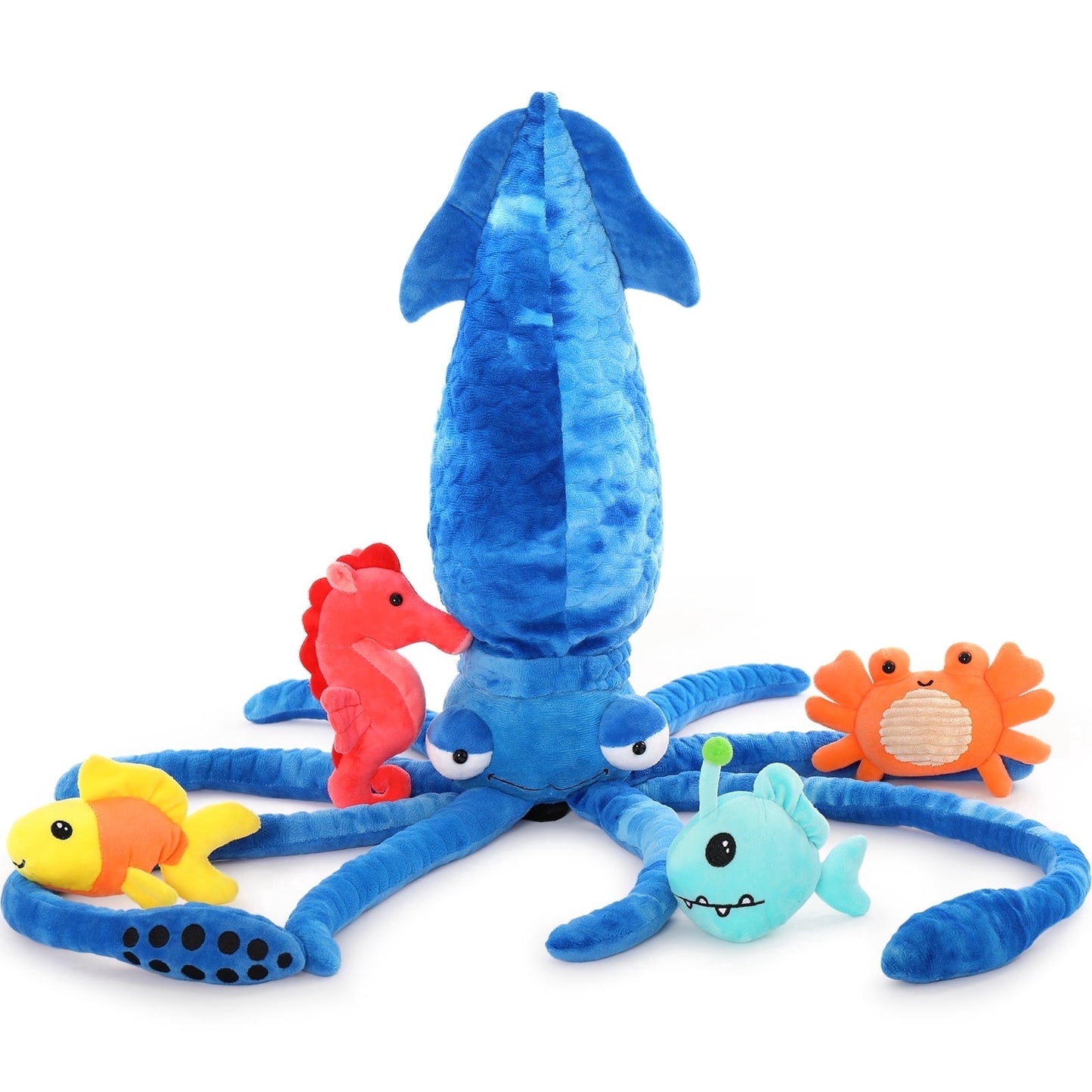 MaoGoLan 5Pcs Giant Squid Stuffed Animal 41.3" with Small Marine Clownfish,Crab, Seahorse, Angler Fish Baby Plush Toys