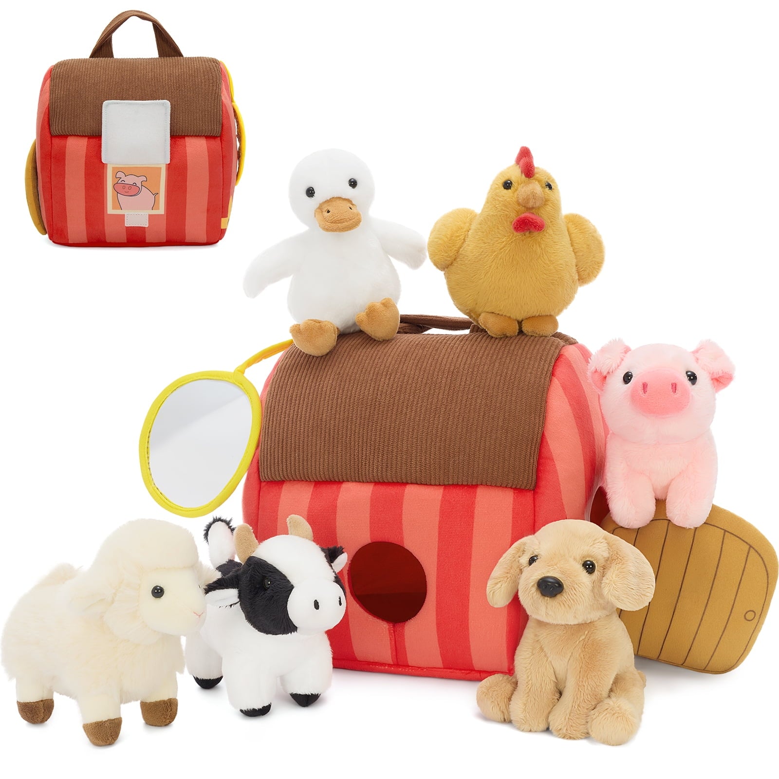 MaoGoLan 7 Pcs Farm Animal Stuffed Animals 9'' Big Farm House with 6 Little Farm Animal Plush Toys