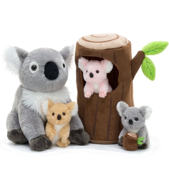 MorisMos 12in Koala Family Tree Stump Plush Set, 5-Piece Hide-and-Seek Stuffed Animals