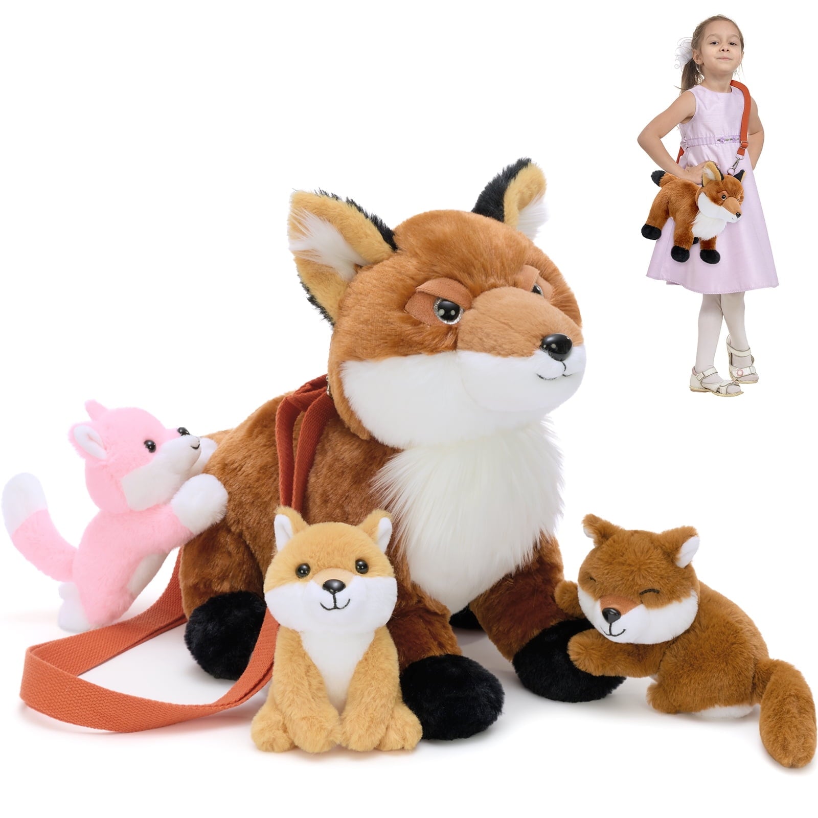 MorisMos 18" Fox Stuffed Animal with 3 Fox Baby Plush Toys