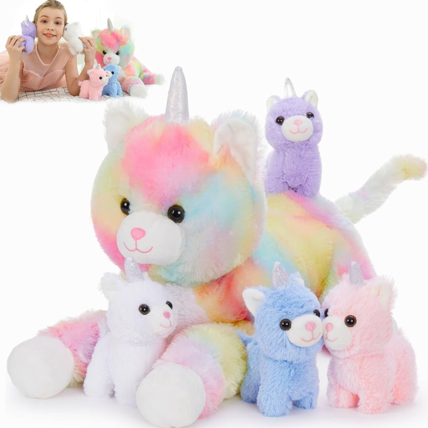 MorisMos Jouet en peluche licorne chat arc-en-ciel avec bébés chatons, 22''