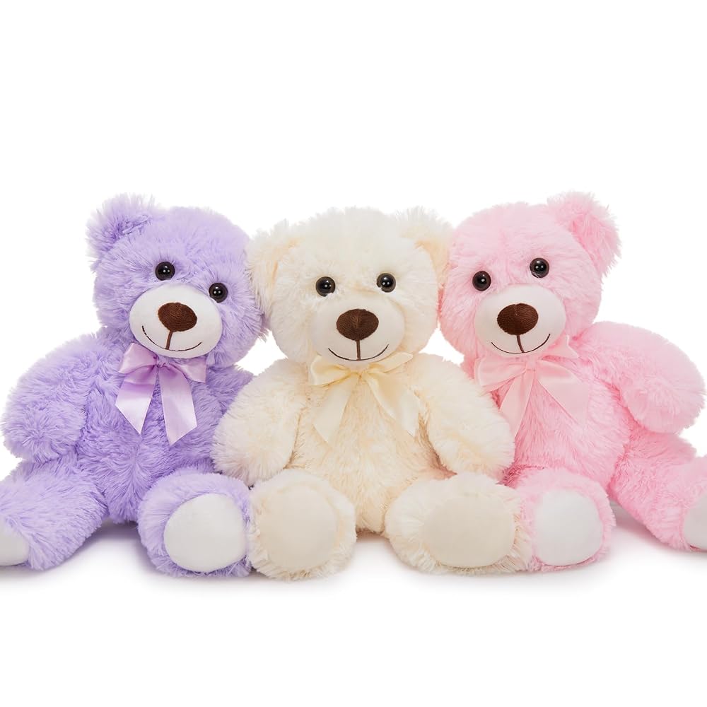 Paquet de 3 ours en peluche, beige/rose/violet, 13,8 pouces