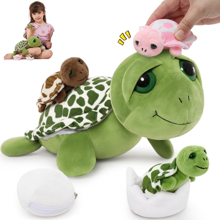 MorisMos 24" Talking Mother Turtle Stuffed Animal with 3 Baby Tortoise and 2 Eggs Plush Toys