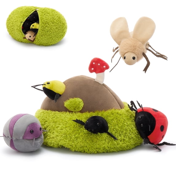 MorisMos 6-Piece Bug Hide-and-Seek Plush Toy Set, 11.8" Soft Stuffed Insect Stuffed Animal with Storage Anthill