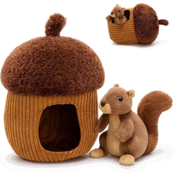 MorisMos 12in Acorn House & Squirrel Plush Set, Hide-and-Seek Stuffed Animal Toy
