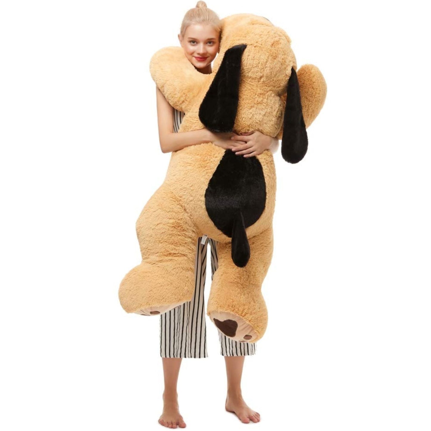 MorisMos Peluche chien géant en peluche, marron/blanc/rose 