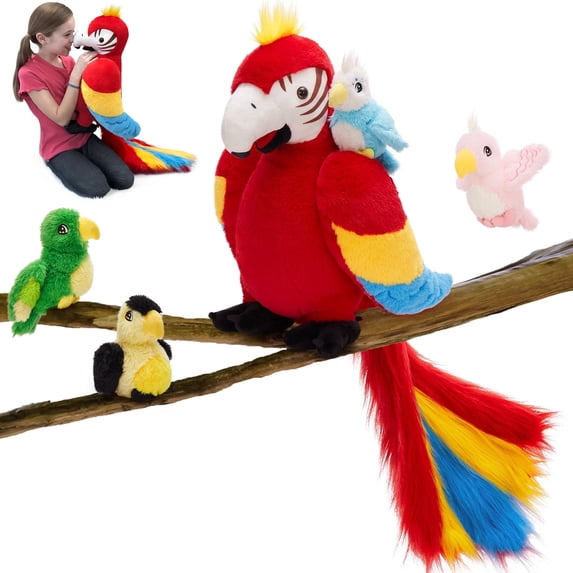 MorisMos Macaw Parrot Stuffed Animals with Babies, 18'' Mommy Stuffed Parrot with 4 Baby Parrots Plush Toy