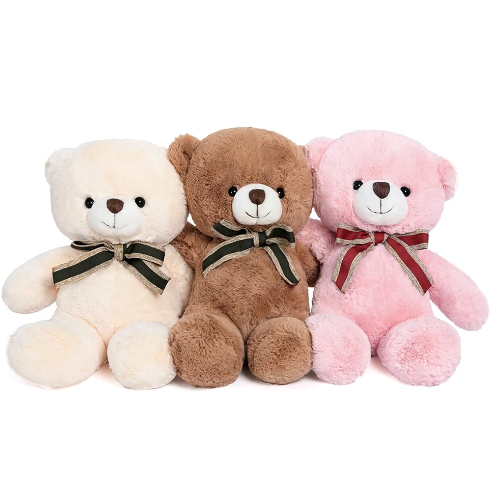 Paquet de 3 peluches ours en peluche, 12'', blanc/marron/rose