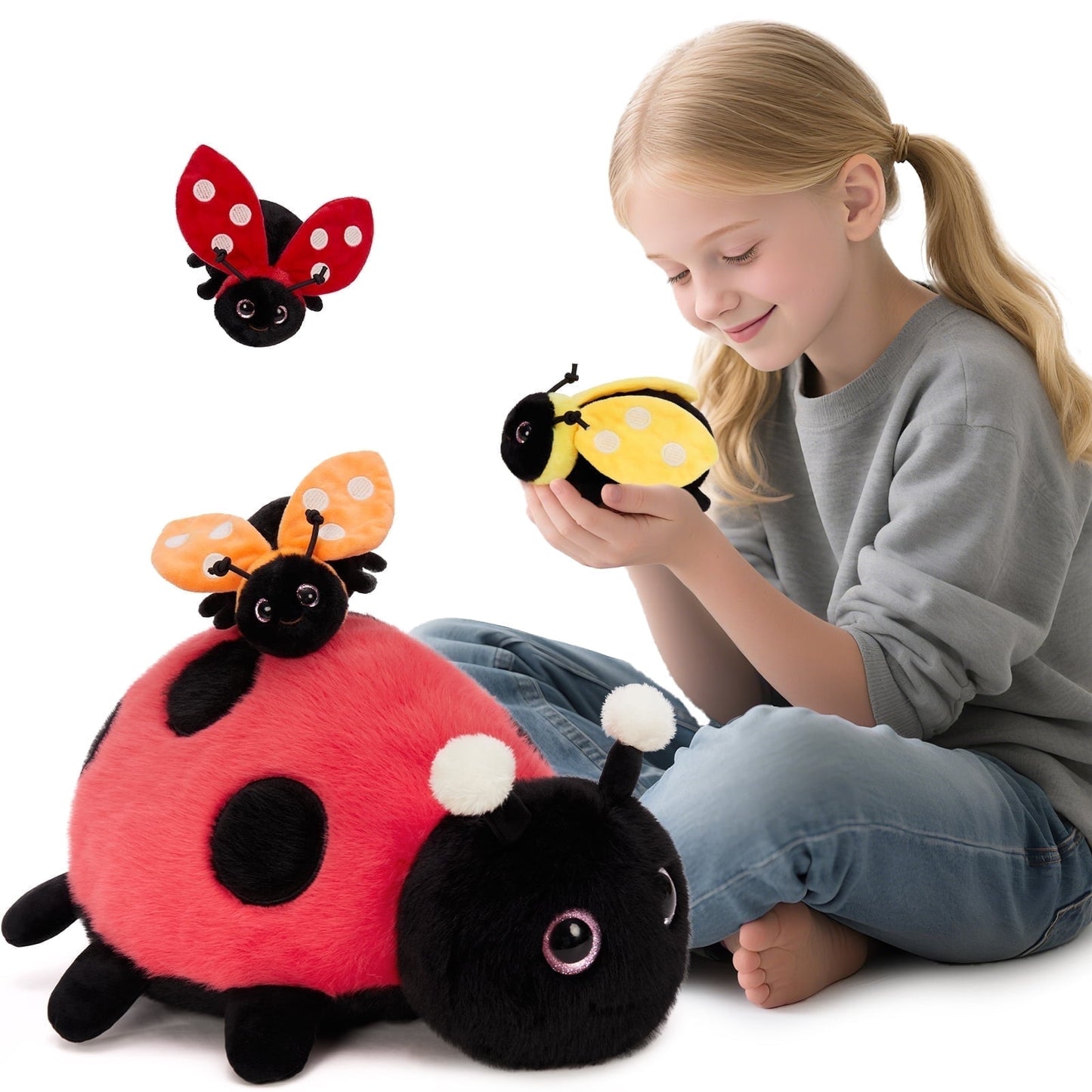 MorisMos 4Pcs Ladybug Stuffed Animal, Mother Ladybird Plush Toys Pillow with 3 Small Baby Plush Toys