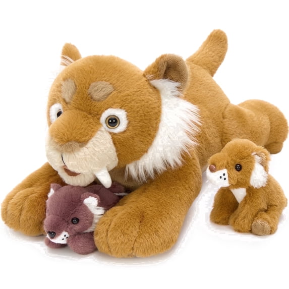 MorisMos 17.7in Sabre-Toothed Tiger Mom with 2 Babies, Tiger Stuffed Animal Plush Toy Set