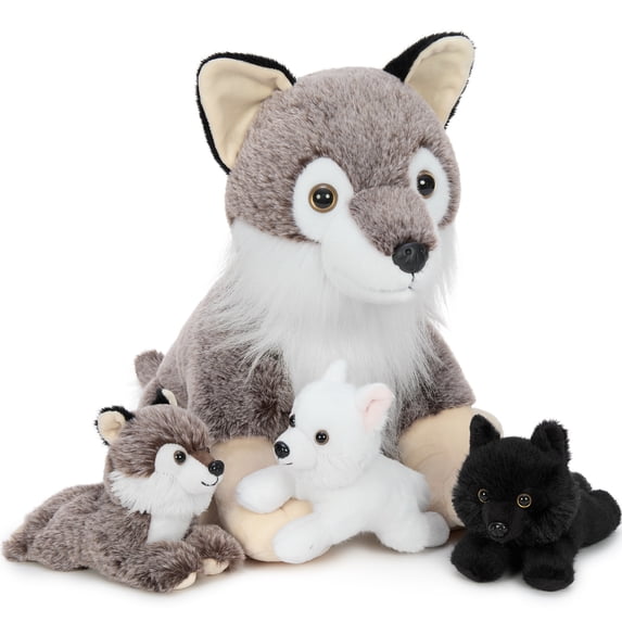 MorisMos 18" Wolf Stuffed Animal with 3 Baby Pups Stuffed Animal Set, Soft Cute Stuffed Wolf Plush Toys