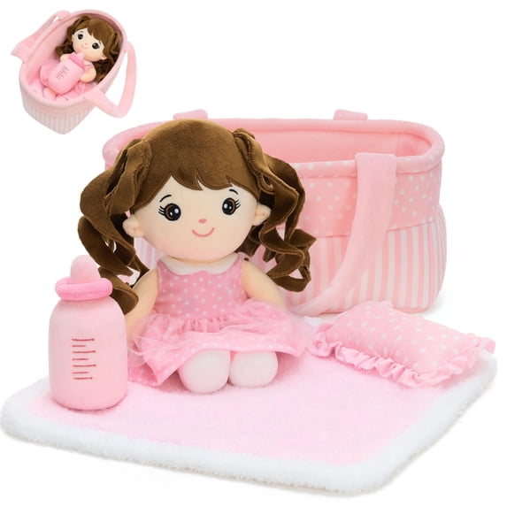 Muiteiur 6PCS Plush Doll Playset with Carry Basket, Mini Cushion, Dress and Pretend Feeding Accessories, Soft Toy for Kids