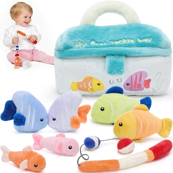 Muiteiur 8Pcs My First Tackle Box Mini Fish Stuffed Animal (6Fish & Box & Fish Hook)