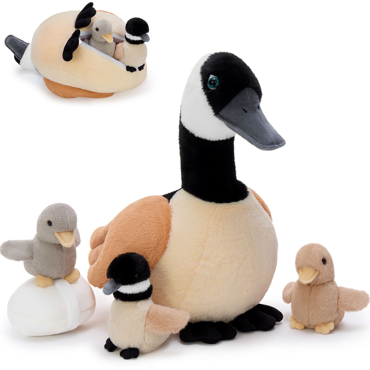Canada Goose plush toy with hidden nest and three baby goslings, soft stuffed animal for kids and bird lovers